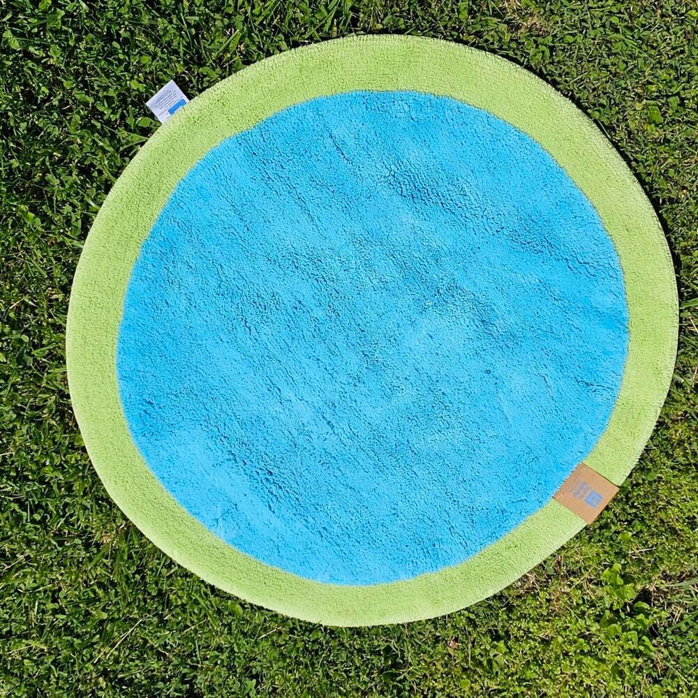 PB Teen Kids Round Bath Mat Blue Aqua Lime Green Cotton 36” Rug Dopamine Decor
